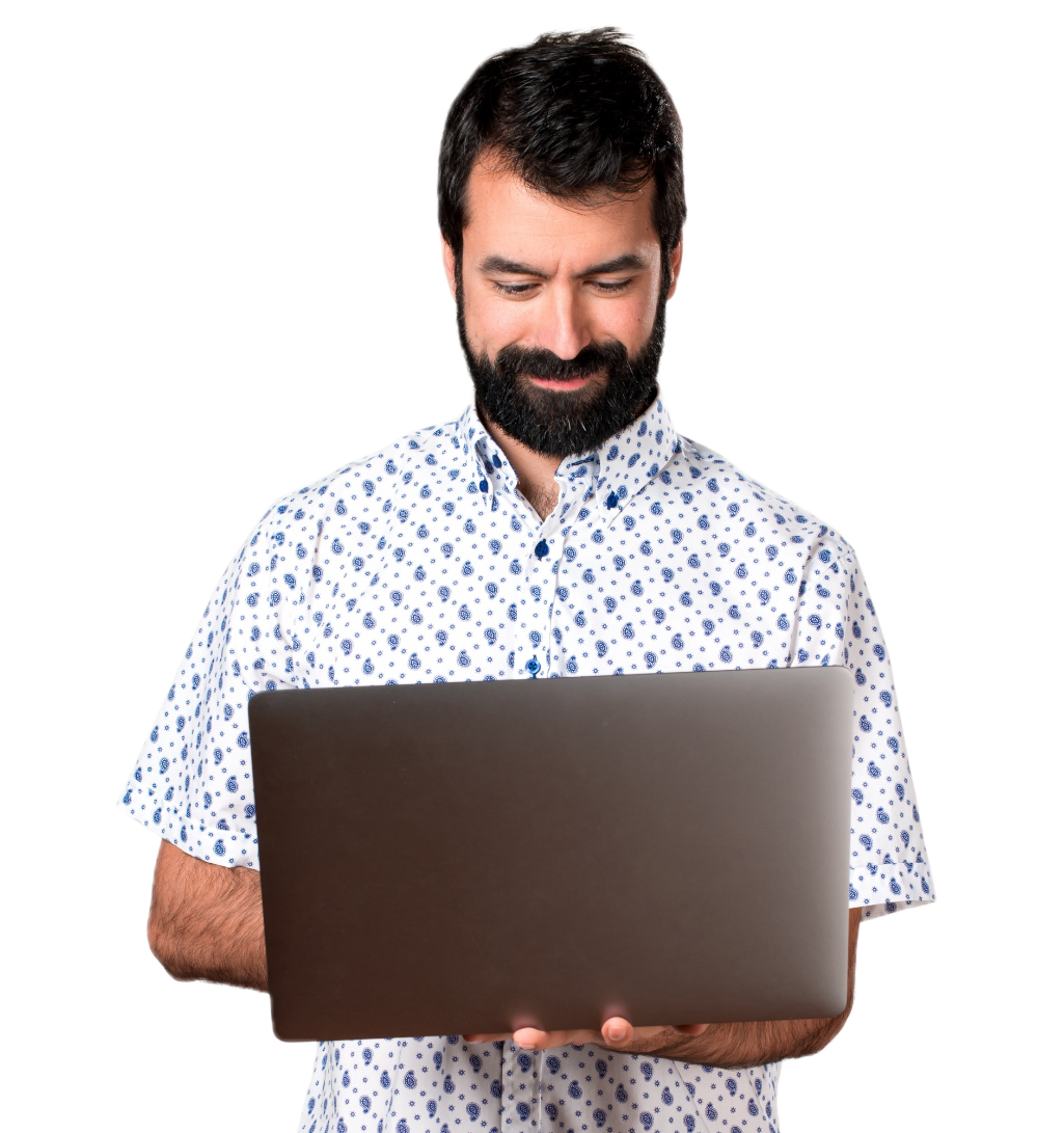 A candidate holding a laptop applying and waiting for the Hiring